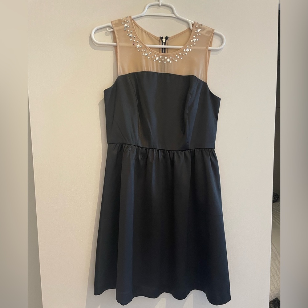 Kensie size small. Black dress, tan mesh embellished top.